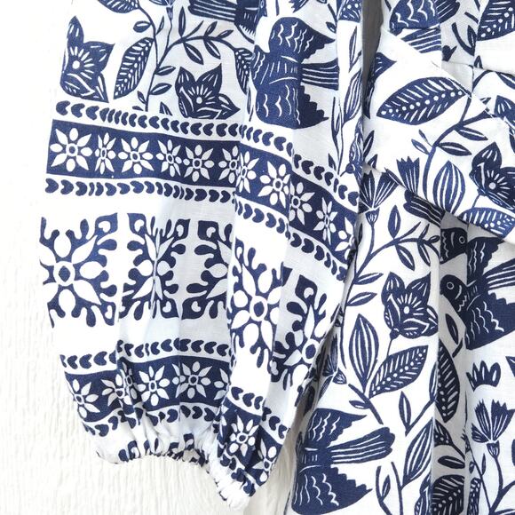 Boden Addie Linen Midi Dress US6R Blue Bird Floral Belt Pocket Block Resort Boho - Picture 10 of 16